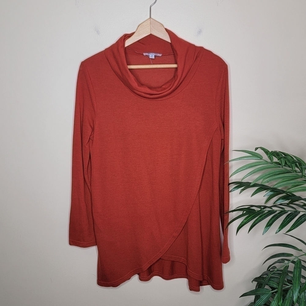 She + Sky Dark Orange Cowl Neck Faux Wrap Sweater Tunic Size Medium